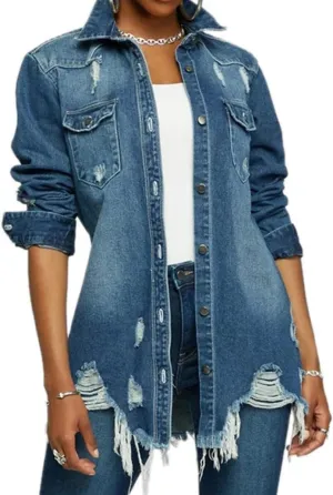 DvaeMalligo Women's Jean Jacket Distressed Button Down Long Sleeve Ripped Oversized Denim Trucker Jean Jackets