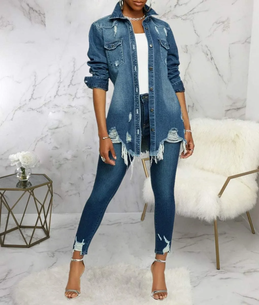 DvaeMalligo Women's Jean Jacket Distressed Button Down Long Sleeve Ripped Oversized Denim Trucker Jean Jackets