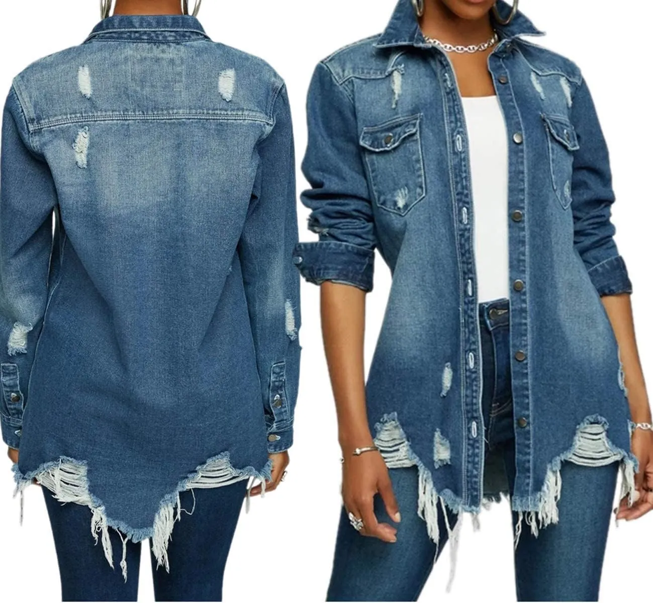 DvaeMalligo Women's Jean Jacket Distressed Button Down Long Sleeve Ripped Oversized Denim Trucker Jean Jackets