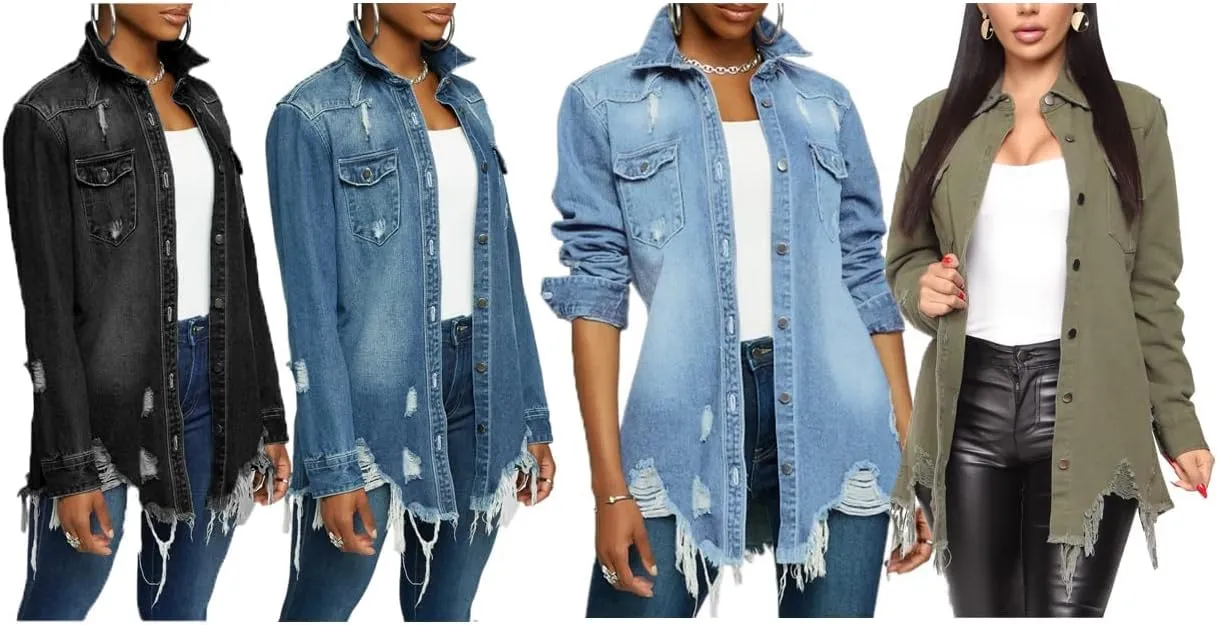 DvaeMalligo Women's Jean Jacket Distressed Button Down Long Sleeve Ripped Oversized Denim Trucker Jean Jackets