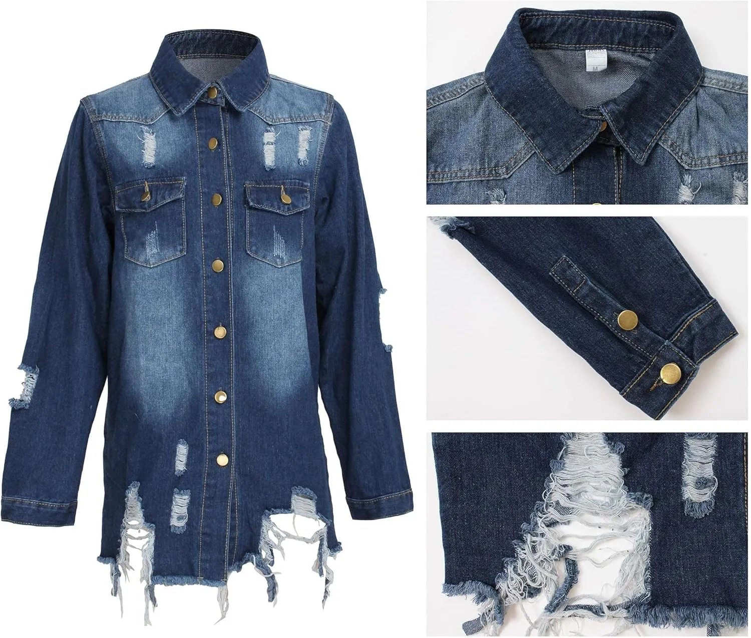 DvaeMalligo Women's Jean Jacket Distressed Button Down Long Sleeve Ripped Oversized Denim Trucker Jean Jackets