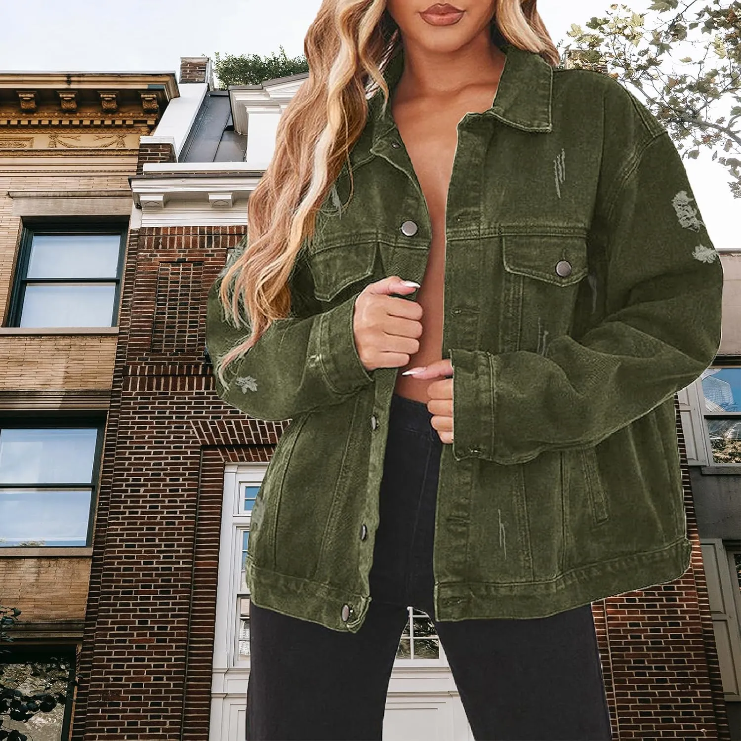 DvaeMalligo Women's Oversized Denim Jacket Casual Long Sleeve Button Down Distressed Trucker Jean Jackets with Pockets
