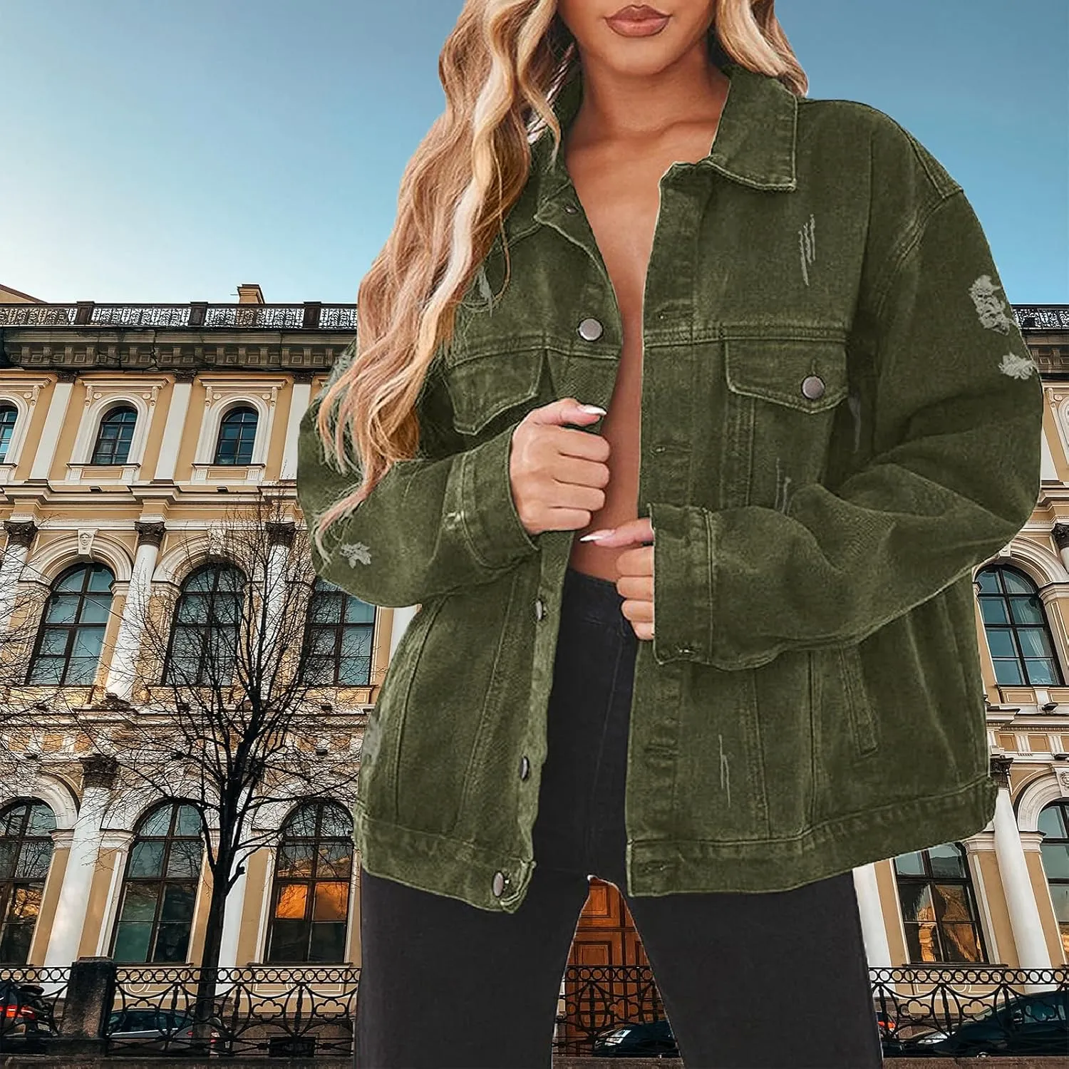 DvaeMalligo Women's Oversized Denim Jacket Casual Long Sleeve Button Down Distressed Trucker Jean Jackets with Pockets