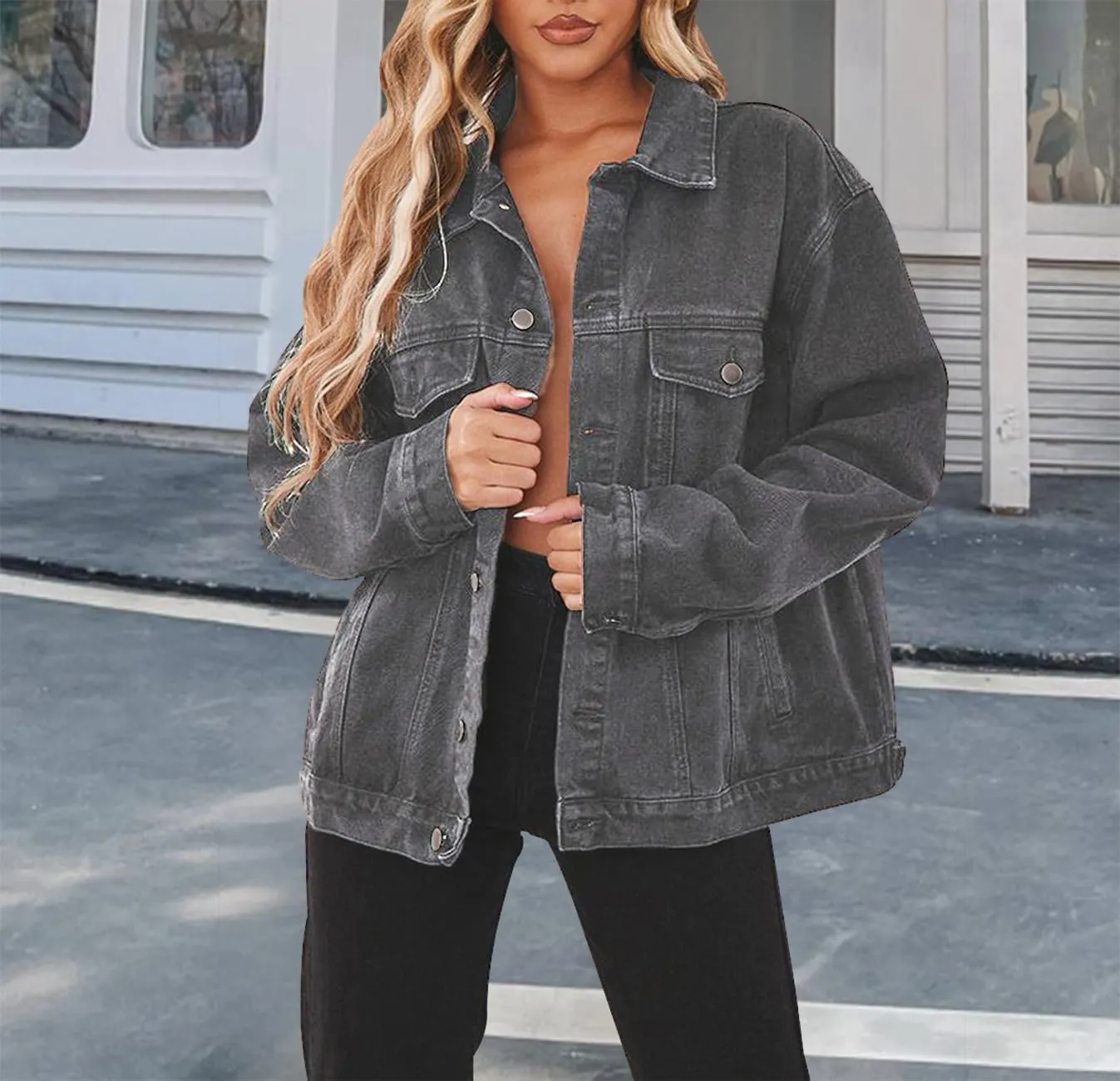 DvaeMalligo Women's Oversized Denim Jacket Casual Long Sleeve Button Down Distressed Trucker Jean Jackets with Pockets