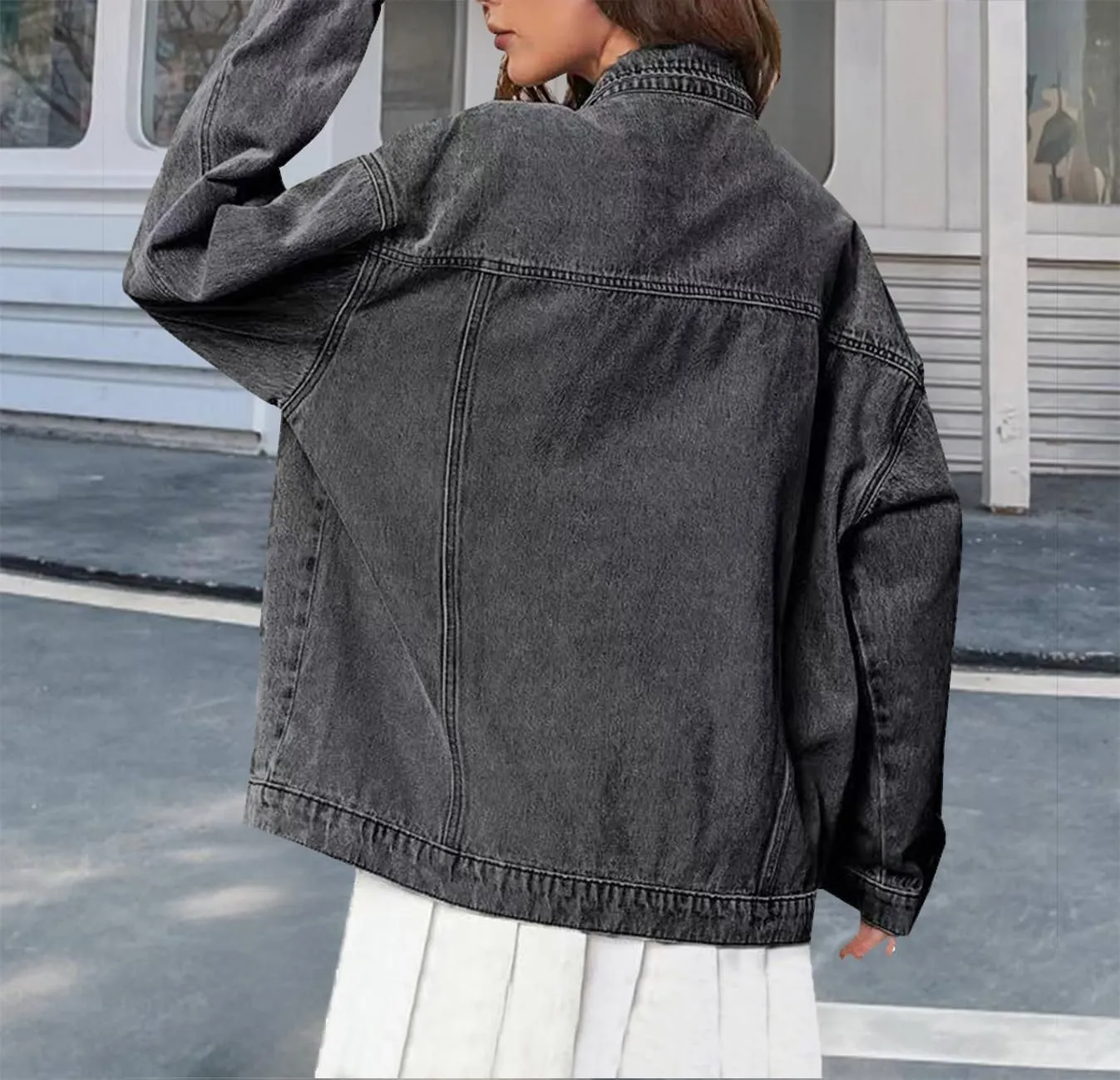 DvaeMalligo Women's Oversized Denim Jacket Casual Long Sleeve Button Down Distressed Trucker Jean Jackets with Pockets