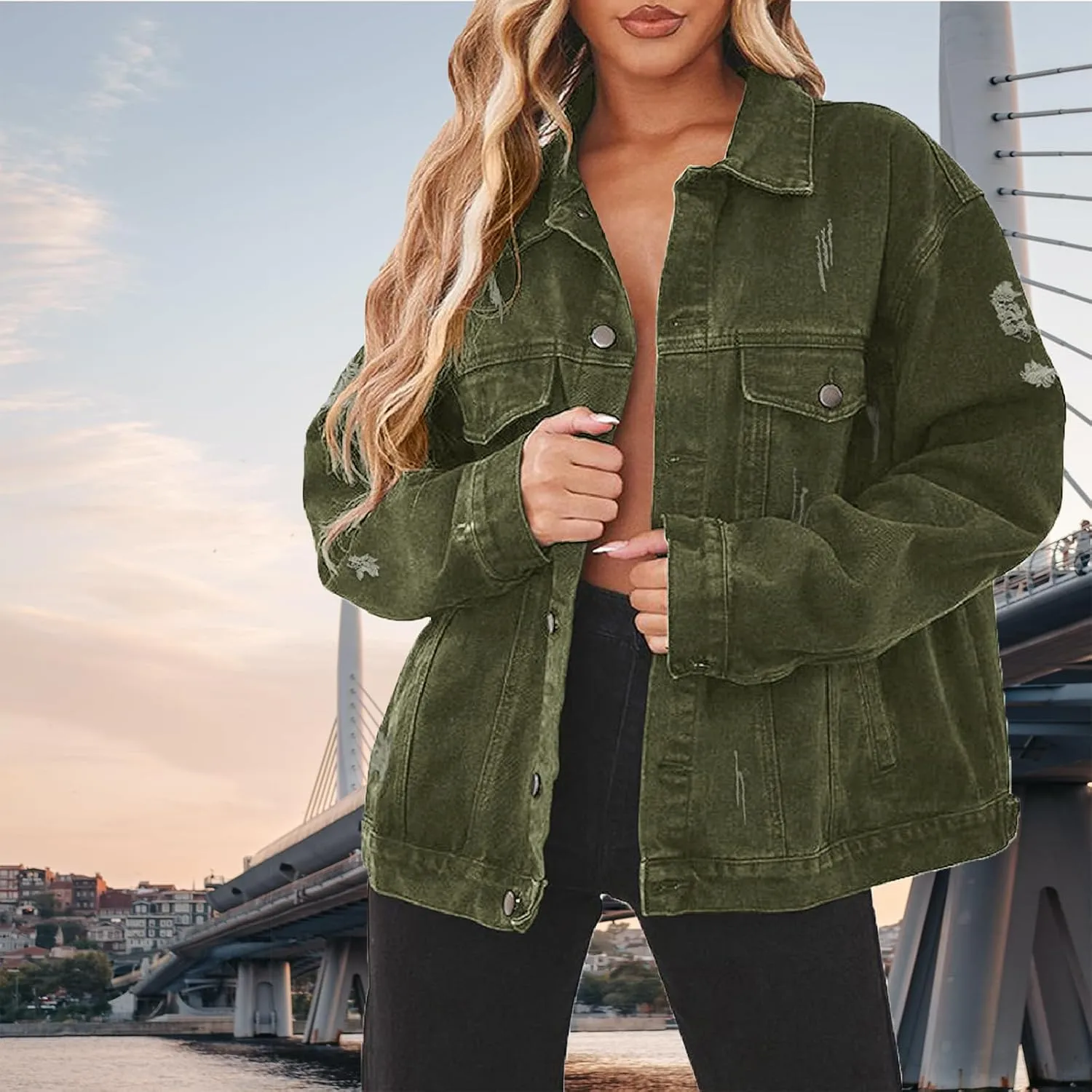 DvaeMalligo Women's Oversized Denim Jacket Casual Long Sleeve Button Down Distressed Trucker Jean Jackets with Pockets