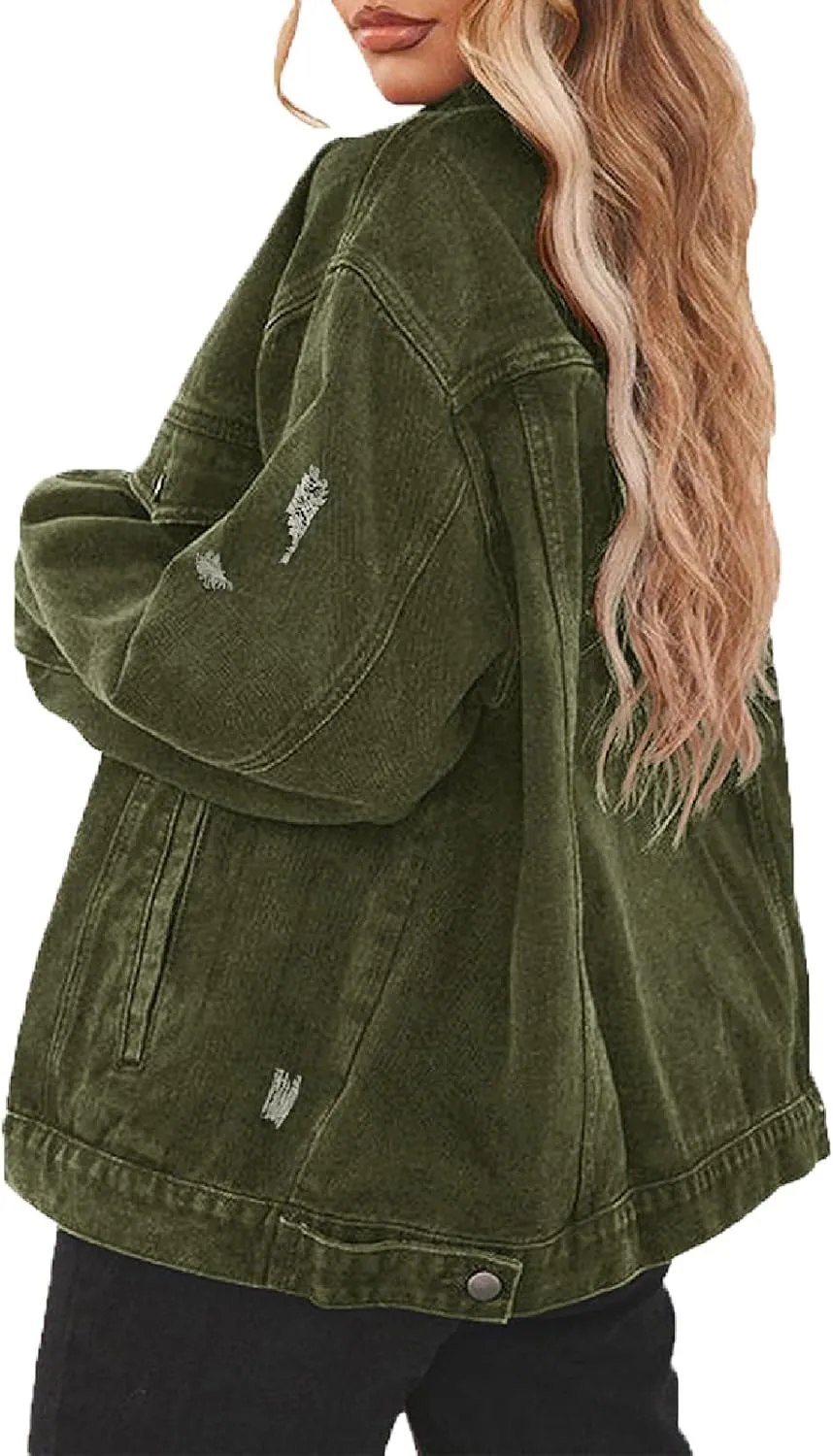 DvaeMalligo Women's Oversized Denim Jacket Casual Long Sleeve Button Down Distressed Trucker Jean Jackets with Pockets