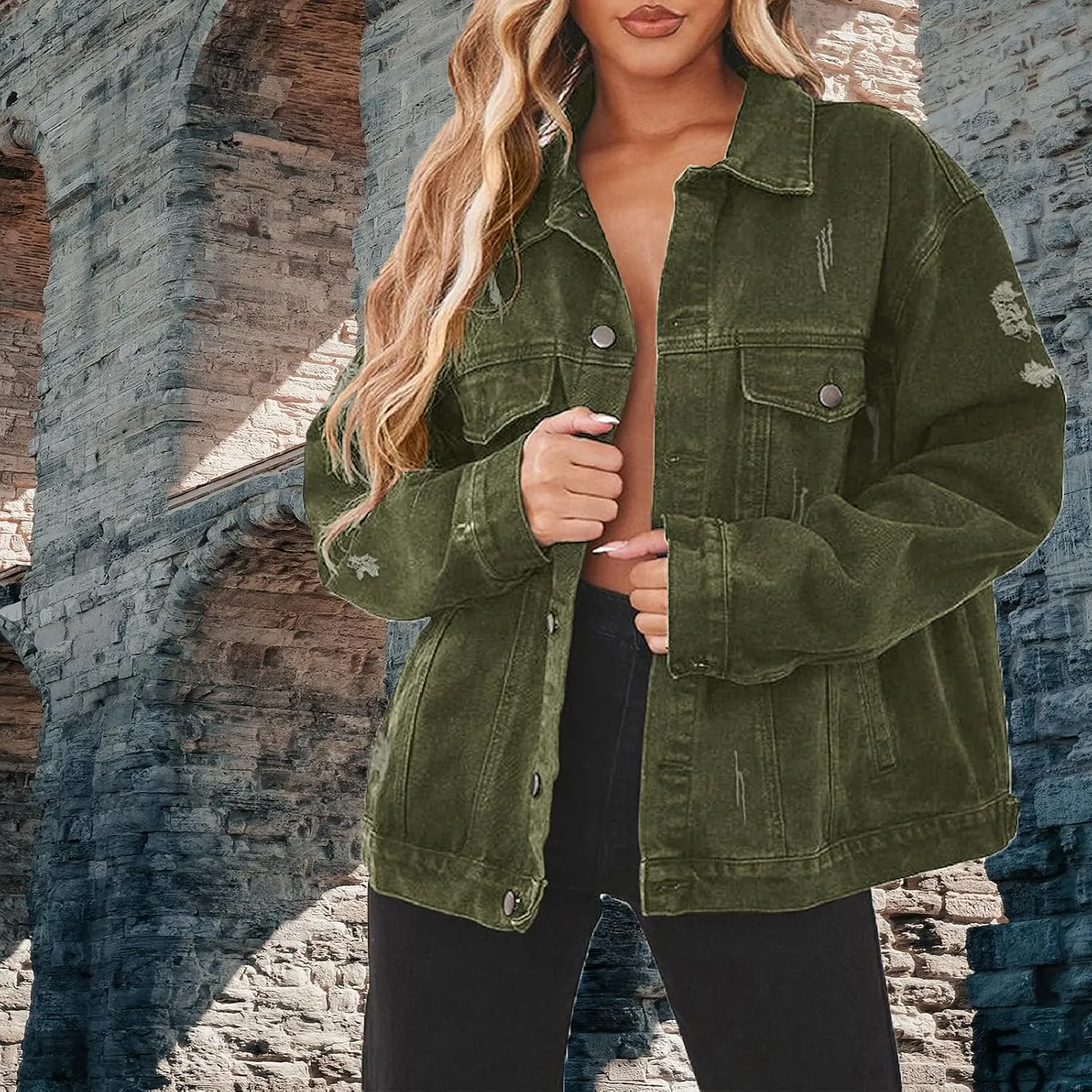 DvaeMalligo Women's Oversized Denim Jacket Casual Long Sleeve Button Down Distressed Trucker Jean Jackets with Pockets