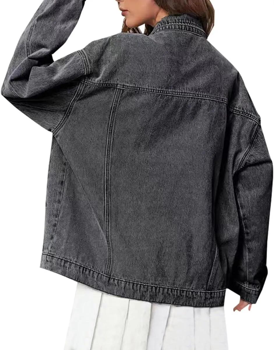DvaeMalligo Women's Oversized Denim Jacket Casual Long Sleeve Button Down Distressed Trucker Jean Jackets with Pockets