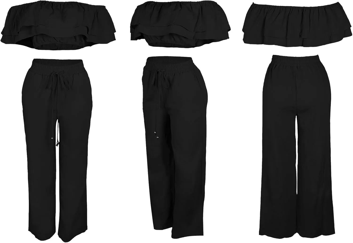 Ecirod Womens Summer Casual 2 Piece Outfits Sexy Ruffle Off The Shoulder Crop Top High Waisted Wide Leg Pants Set