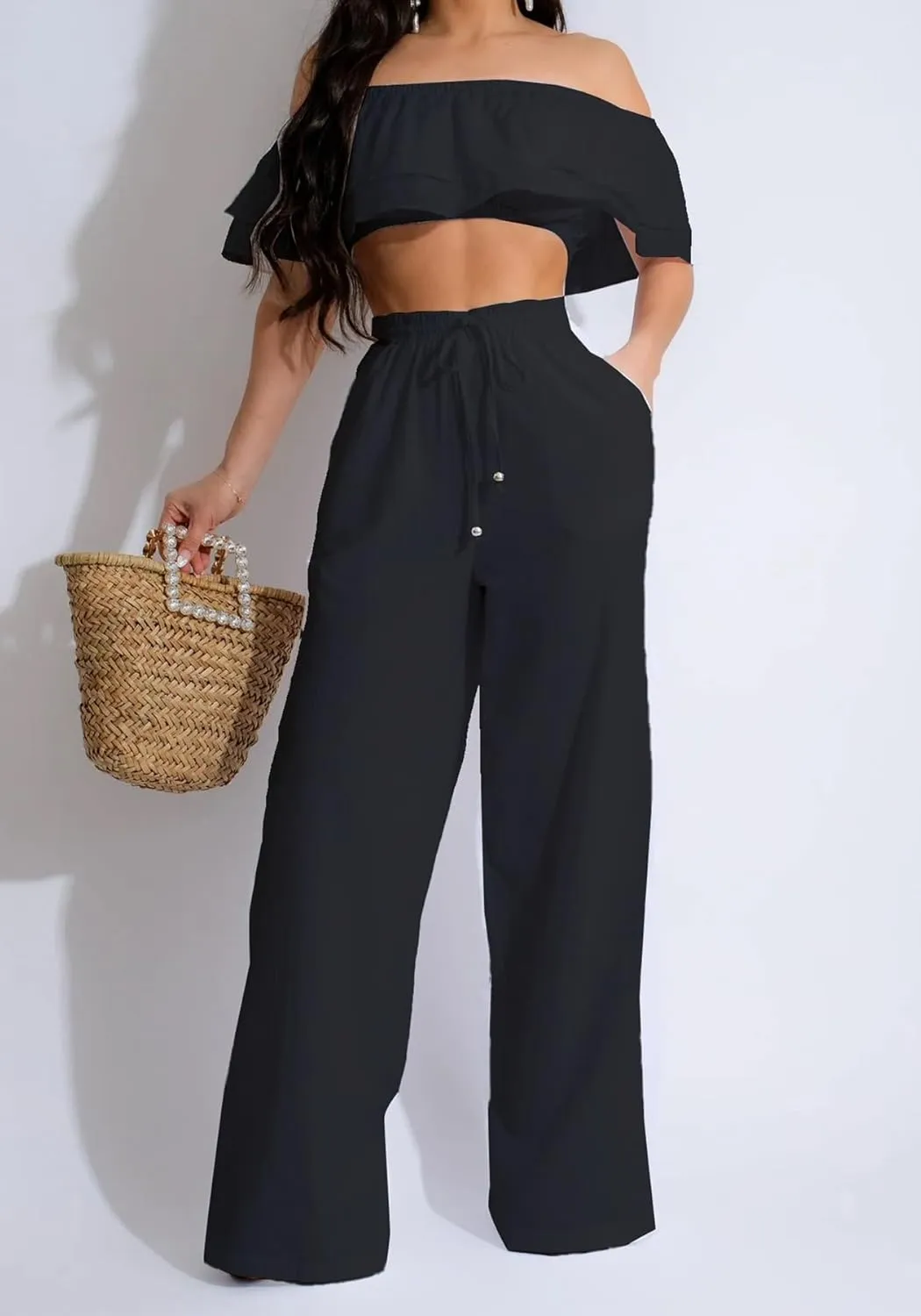 Ecirod Womens Summer Casual 2 Piece Outfits Sexy Ruffle Off The Shoulder Crop Top High Waisted Wide Leg Pants Set