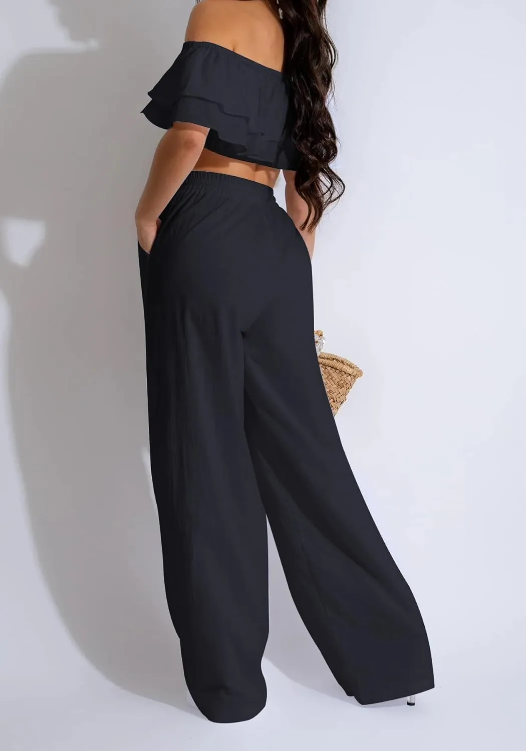 Ecirod Womens Summer Casual 2 Piece Outfits Sexy Ruffle Off The Shoulder Crop Top High Waisted Wide Leg Pants Set