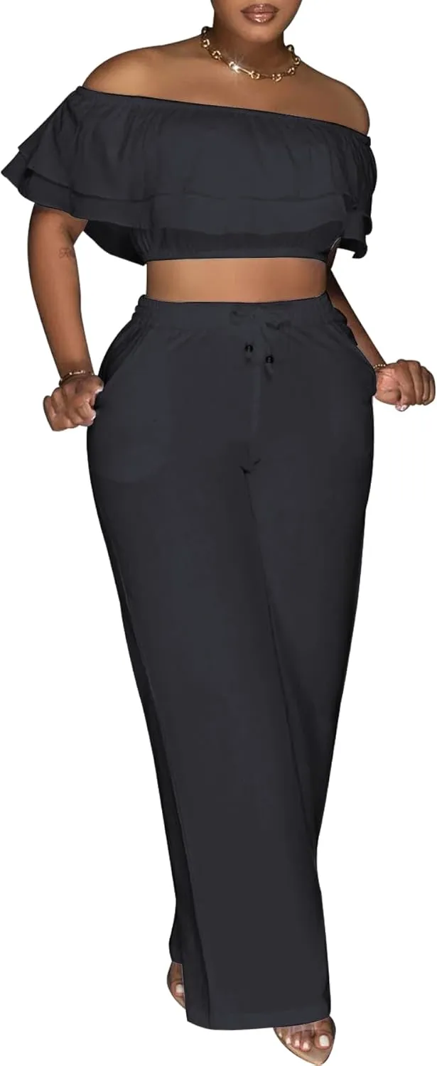 Ecirod Womens Summer Casual 2 Piece Outfits Sexy Ruffle Off The Shoulder Crop Top High Waisted Wide Leg Pants Set