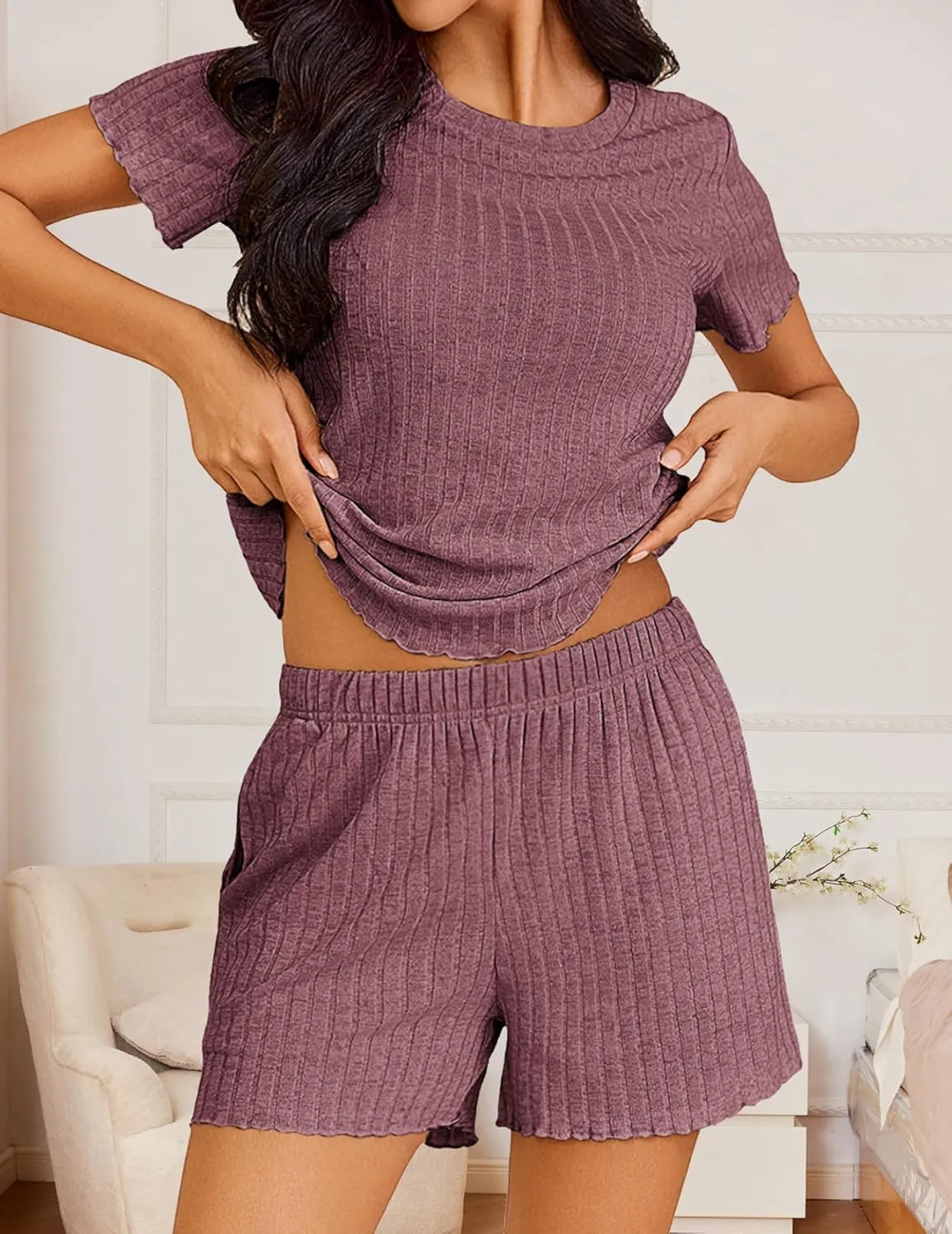 Ekouaer Pajamas Sets for Women Ribbed Knit Sleepwear Set Soft Short Sleeve Pjs with Pockets Casual Lounge Sets with Pockets