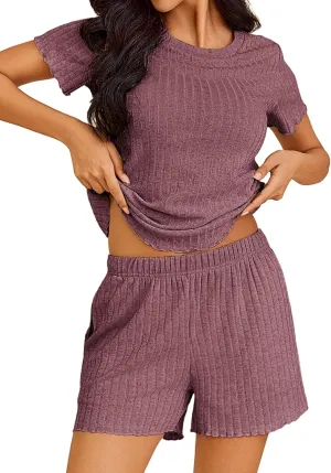 Ekouaer Pajamas Sets for Women Ribbed Knit Sleepwear Set Soft Short Sleeve Pjs with Pockets Casual Lounge Sets with Pockets
