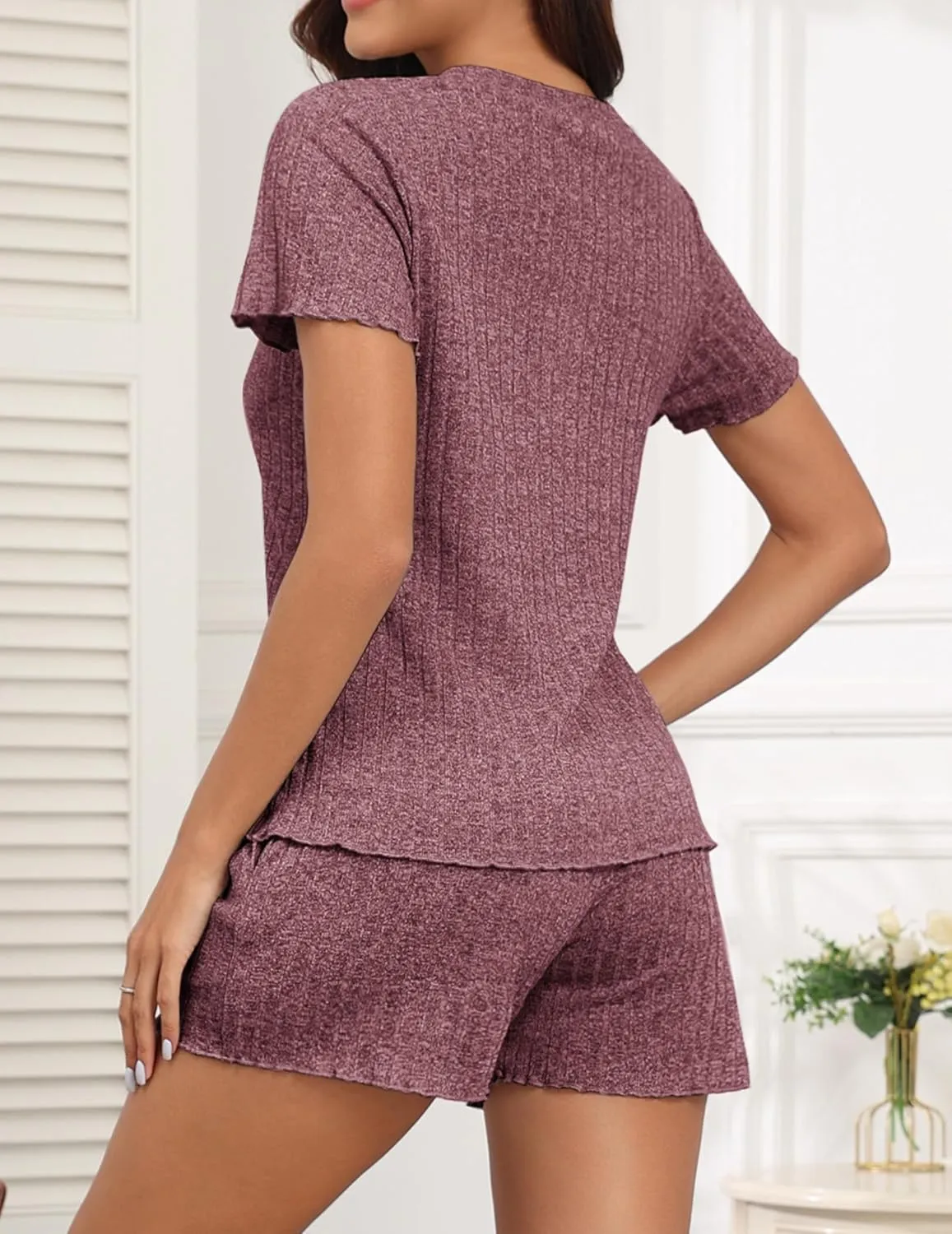 Ekouaer Pajamas Sets for Women Ribbed Knit Sleepwear Set Soft Short Sleeve Pjs with Pockets Casual Lounge Sets with Pockets