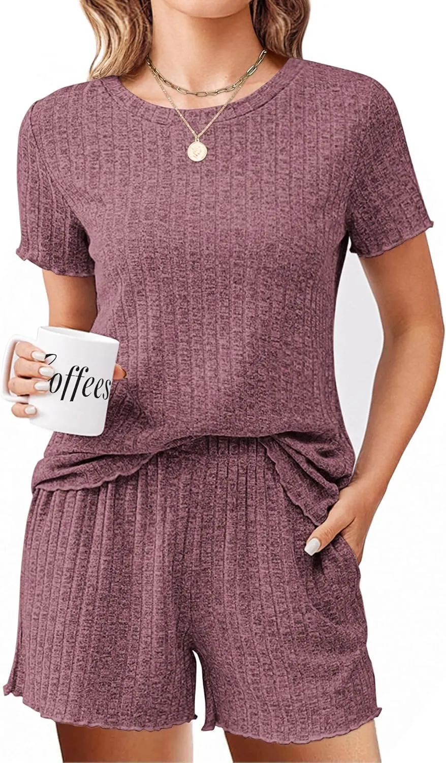 Ekouaer Pajamas Sets for Women Ribbed Knit Sleepwear Set Soft Short Sleeve Pjs with Pockets Casual Lounge Sets with Pockets