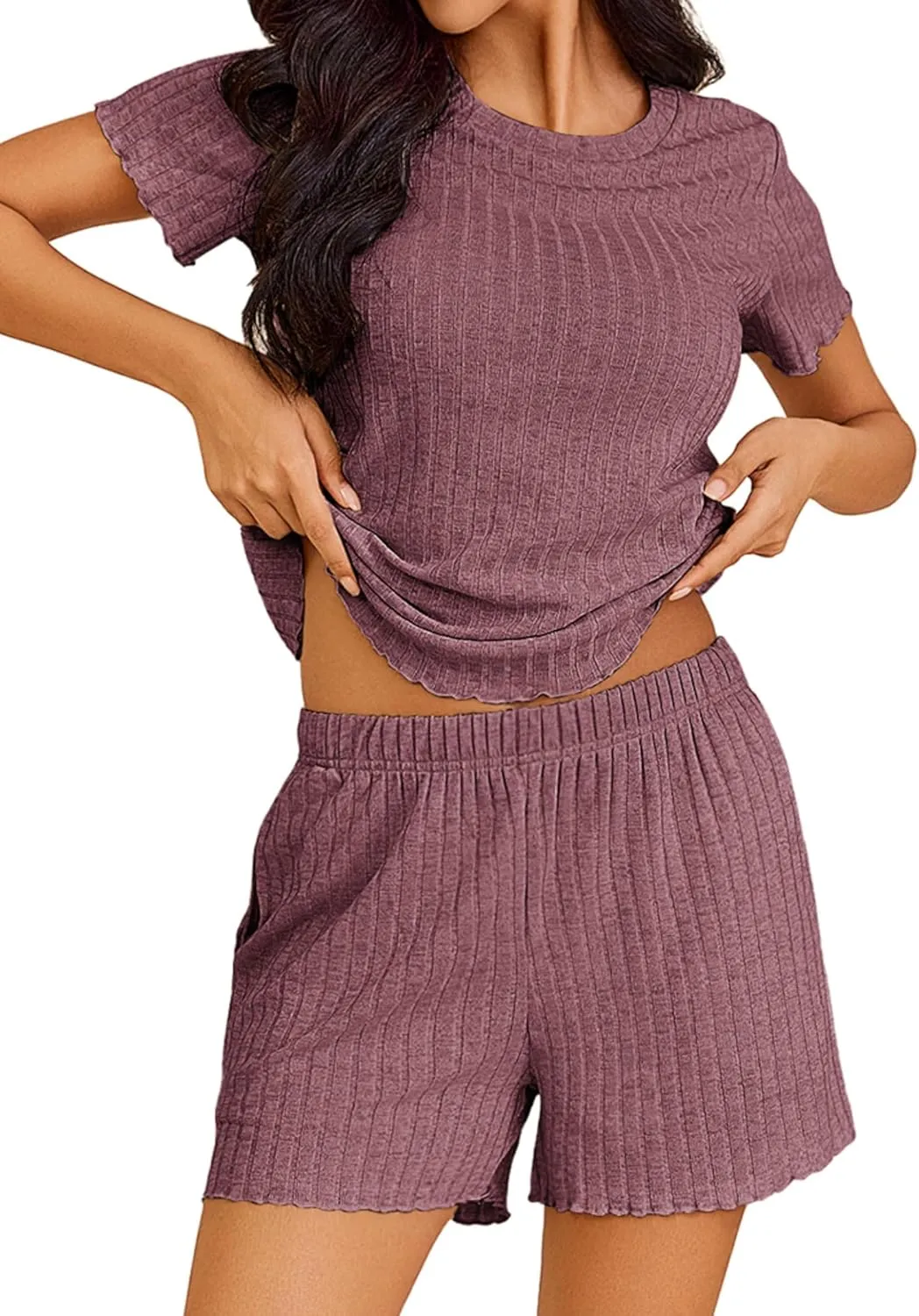 Ekouaer Pajamas Sets for Women Ribbed Knit Sleepwear Set Soft Short Sleeve Pjs with Pockets Casual Lounge Sets with Pockets