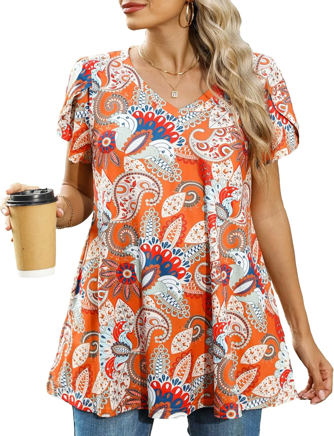 ENMAIN Womens Tunics Tops Plus Size Short Sleeve Swing Blouses Loose Fit Dressy Casual Summer Shirts to Wear with Leggings
