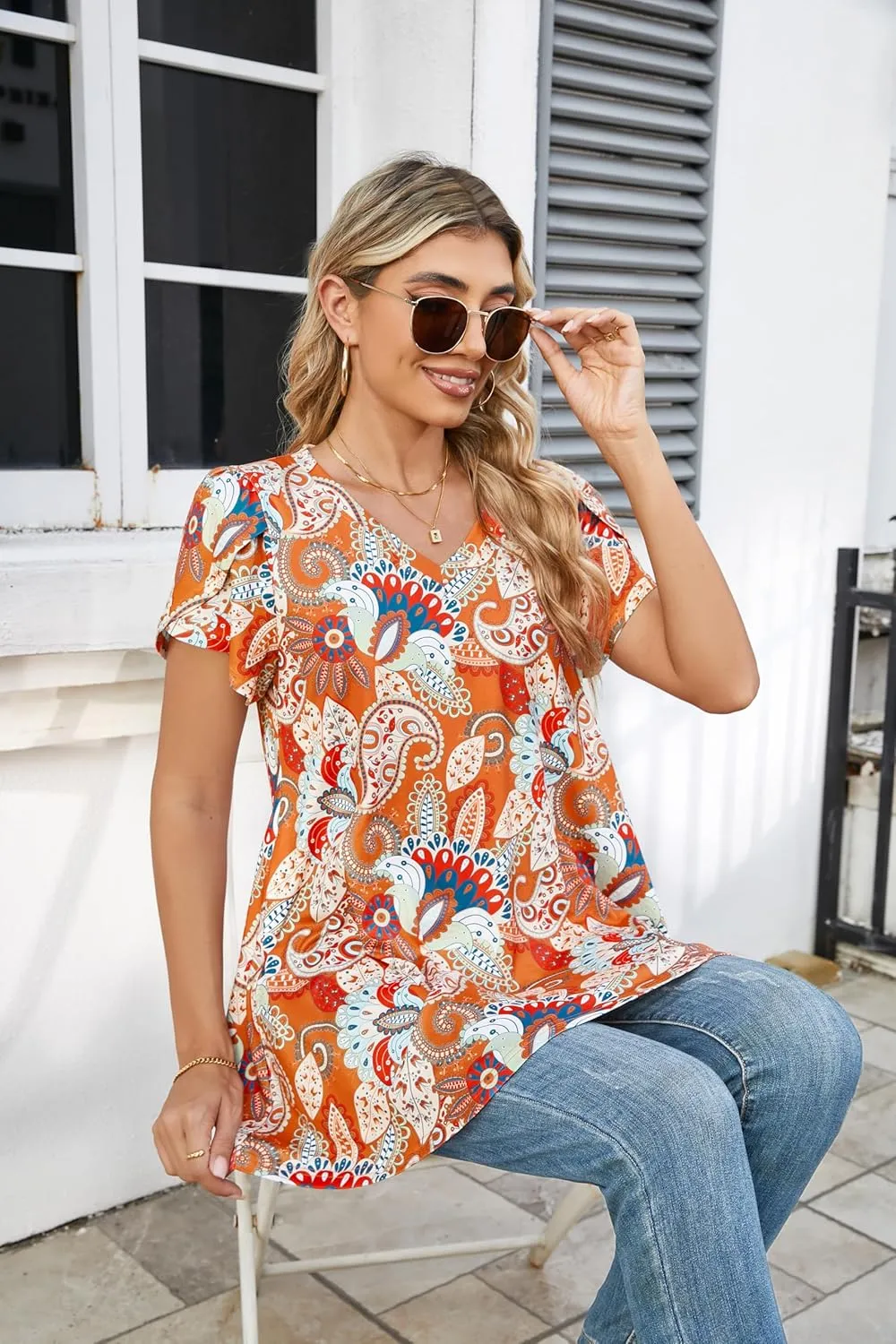 ENMAIN Womens Tunics Tops Plus Size Short Sleeve Swing Blouses Loose Fit Dressy Casual Summer Shirts to Wear with Leggings