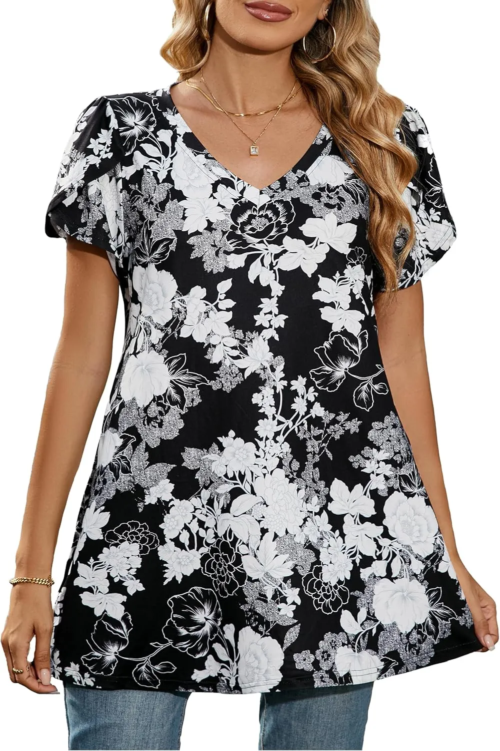 ENMAIN Womens Tunics Tops Plus Size Short Sleeve Swing Blouses Loose Fit Dressy Casual Summer Shirts to Wear with Leggings