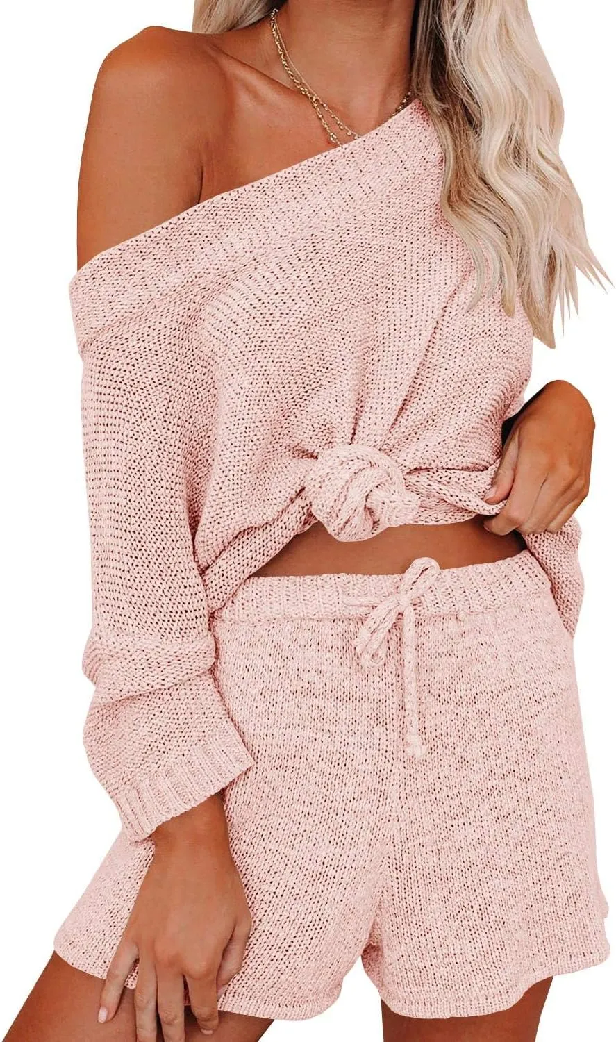 Ermonn Womens 2 Piece Outfits Sweater Sets Off Shoulder Knit Tops Waist Short Suits Casual Pajama Set