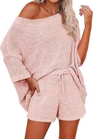 Ermonn Womens 2 Piece Outfits Sweater Sets Off Shoulder Knit Tops Waist Short Suits Casual Pajama Set