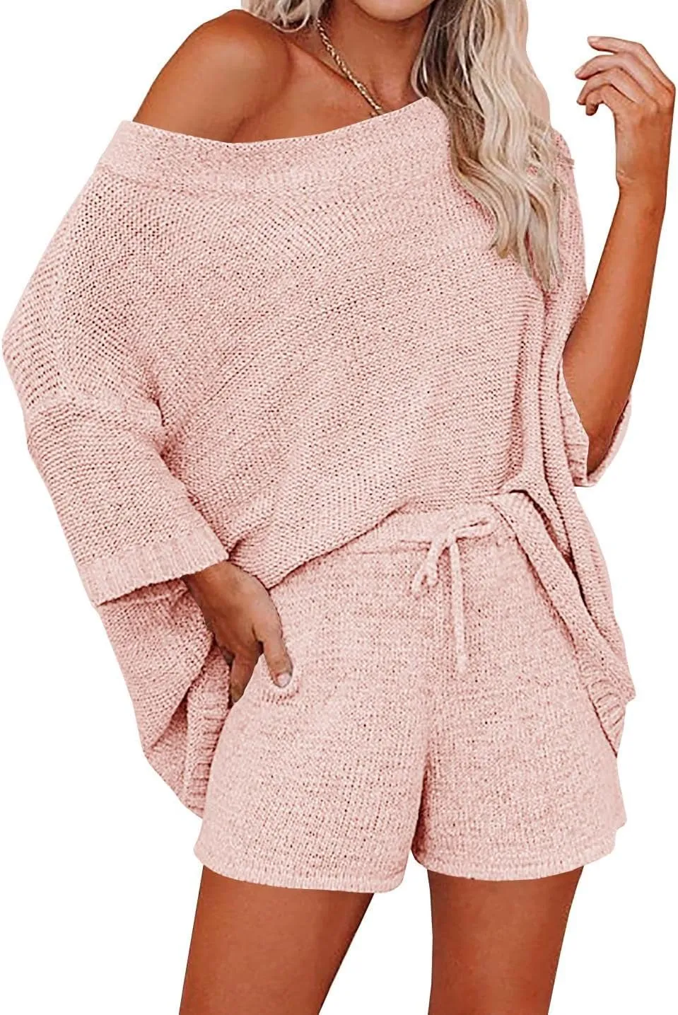 Ermonn Womens 2 Piece Outfits Sweater Sets Off Shoulder Knit Tops Waist Short Suits Casual Pajama Set