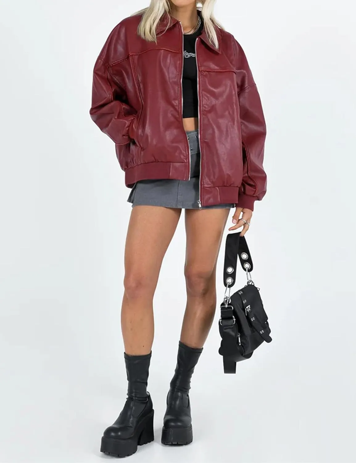 EsheSy Women's Oversized Leather Jacket Faux Boyfriend Motorcycle Full Zip Bomber Jacket with Pockets