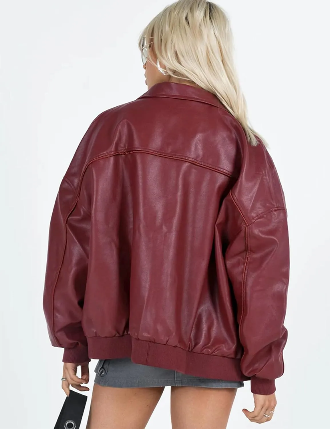 EsheSy Women's Oversized Leather Jacket Faux Boyfriend Motorcycle Full Zip Bomber Jacket with Pockets