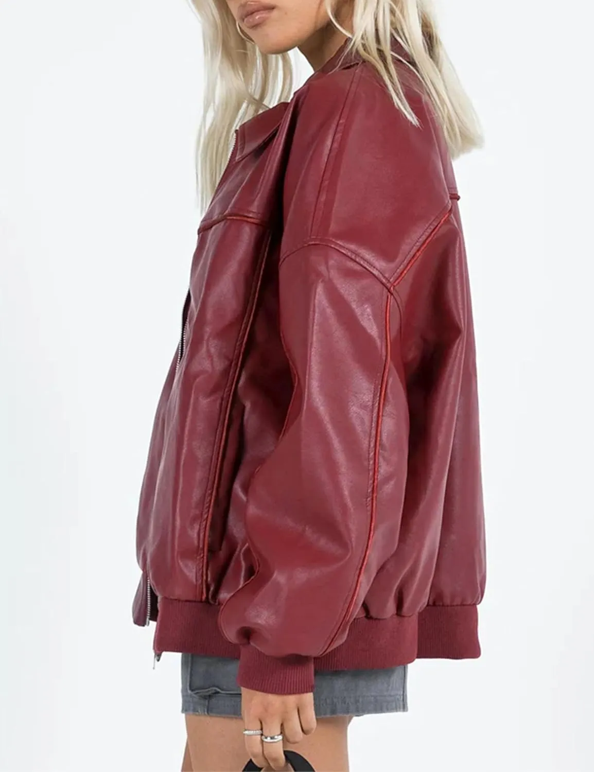 EsheSy Women's Oversized Leather Jacket Faux Boyfriend Motorcycle Full Zip Bomber Jacket with Pockets