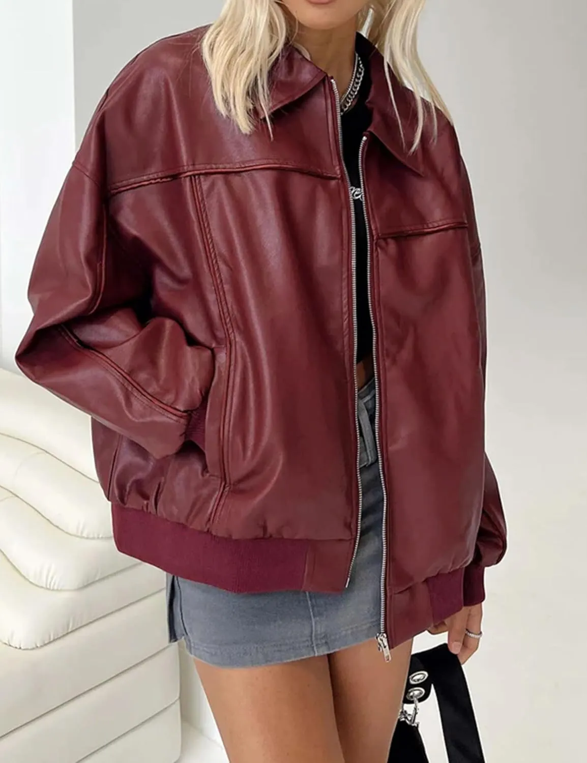 EsheSy Women's Oversized Leather Jacket Faux Boyfriend Motorcycle Full Zip Bomber Jacket with Pockets