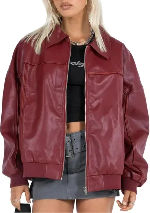 EsheSy Women's Oversized Leather Jacket Faux Boyfriend Motorcycle Full Zip Bomber Jacket with Pockets