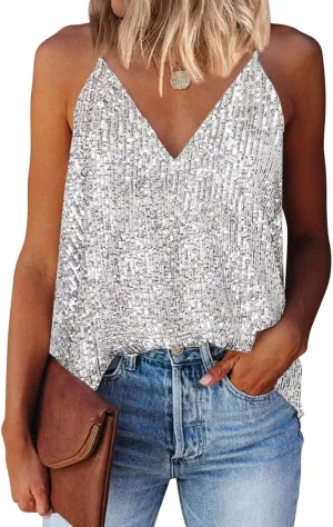 EUDOLAH Sequin Tops for Women Sparkle Camisole Shimmer Sleeveless V Neck Tanks Sexy Party Cami Going Out Outfits