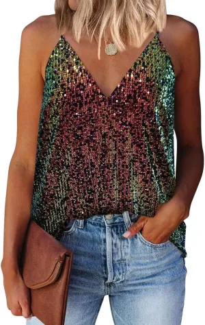 EUDOLAH Sequin Tops for Women Sparkle Camisole Shimmer Sleeveless V Neck Tanks Sexy Party Cami Going Out Outfits