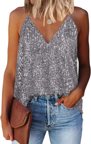 EUDOLAH Sequin Tops for Women Sparkle Camisole Shimmer Sleeveless V Neck Tanks Sexy Party Cami Going Out Outfits