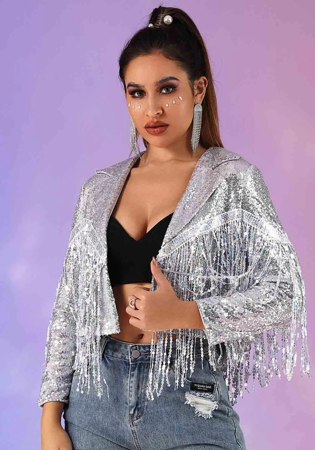 EVILD Women Sequins Tassel Bomber Jackets Glitter Long Sleeve Jacket Sparkly Open Front Party Bomber Blazers