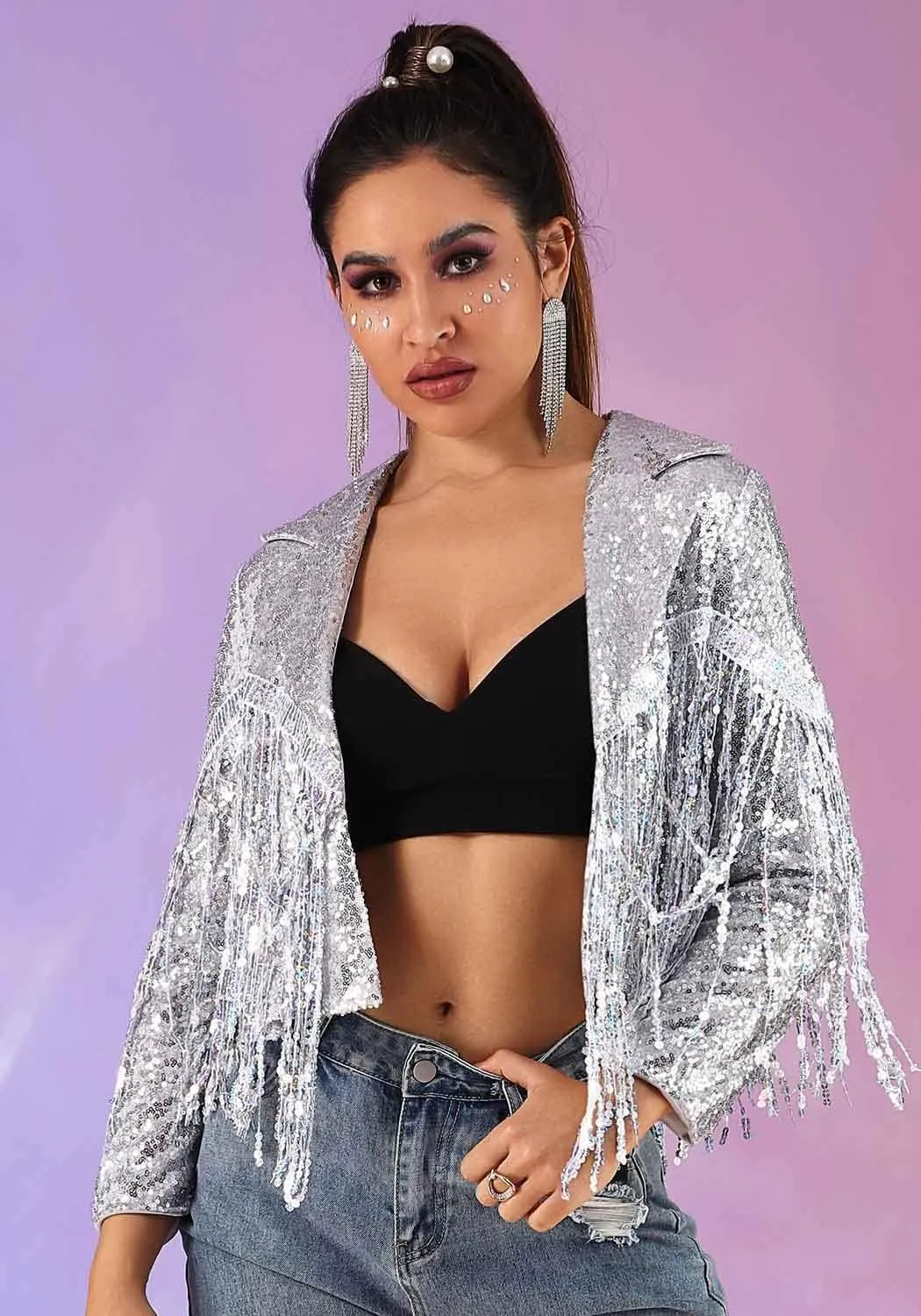 EVILD Women Sequins Tassel Bomber Jackets Glitter Long Sleeve Jacket Sparkly Open Front Party Bomber Blazers
