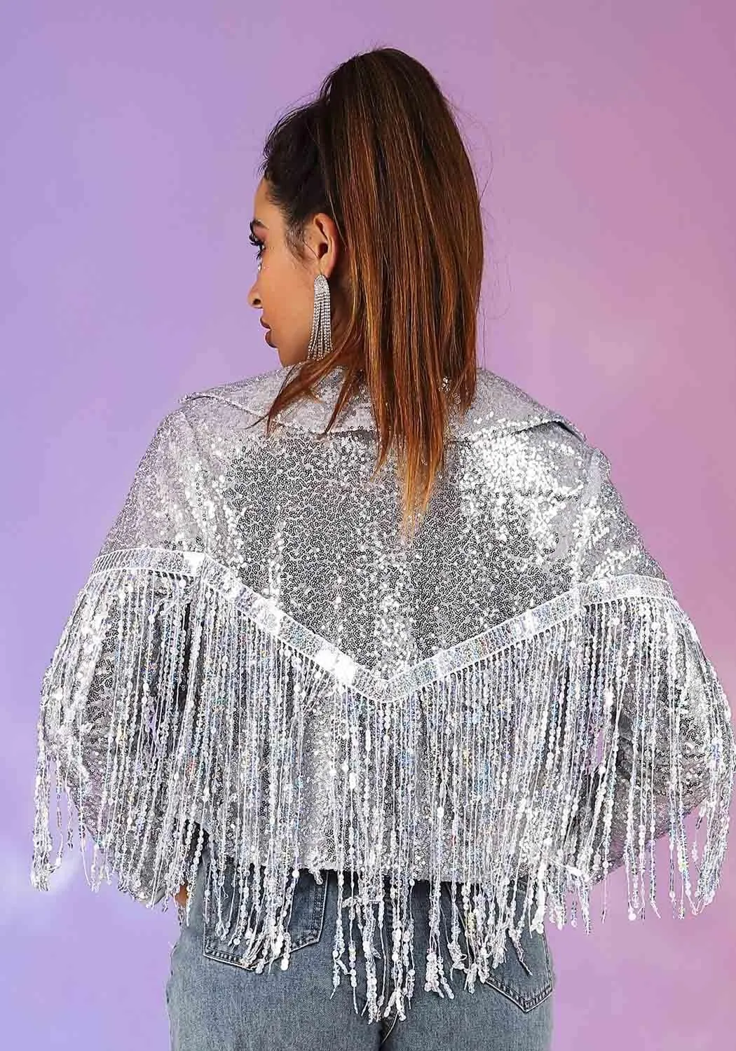 EVILD Women Sequins Tassel Bomber Jackets Glitter Long Sleeve Jacket Sparkly Open Front Party Bomber Blazers