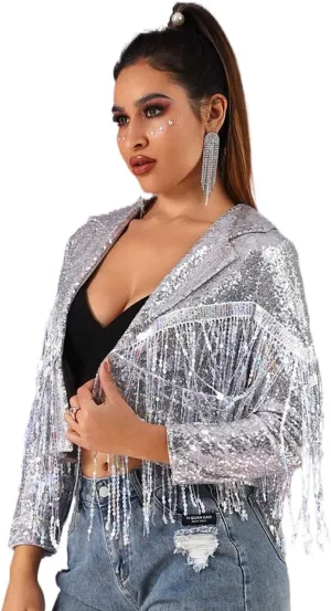 EVILD Women Sequins Tassel Bomber Jackets Glitter Long Sleeve Jacket Sparkly Open Front Party Bomber Blazers