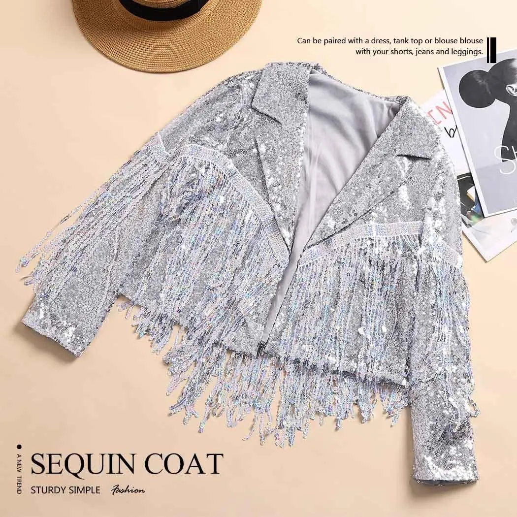 EVILD Women Sequins Tassel Bomber Jackets Glitter Long Sleeve Jacket Sparkly Open Front Party Bomber Blazers