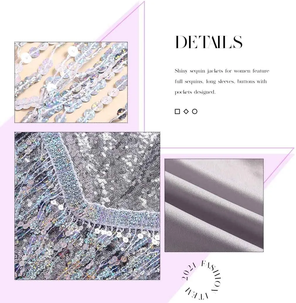 EVILD Women Sequins Tassel Bomber Jackets Glitter Long Sleeve Jacket Sparkly Open Front Party Bomber Blazers