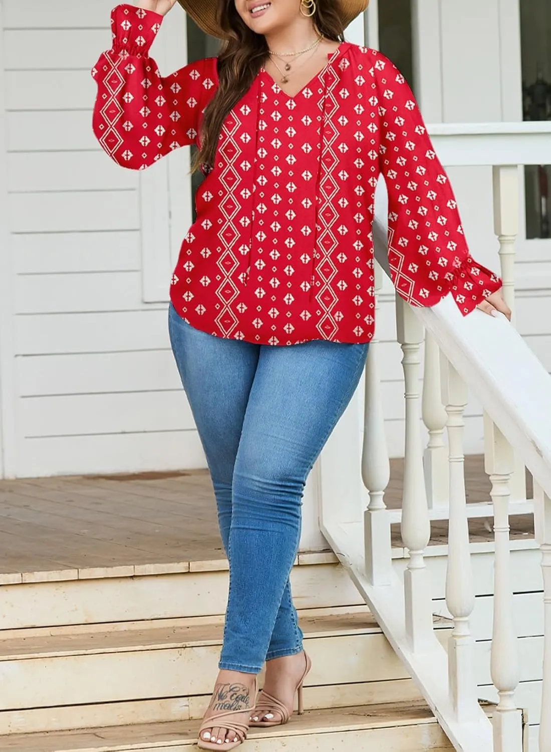 Eytino Plus Size Tops for Women Boho Floral Print V Neck Long Sleeve Drawstring Chiffon Blouses Shirts(1X-5X)