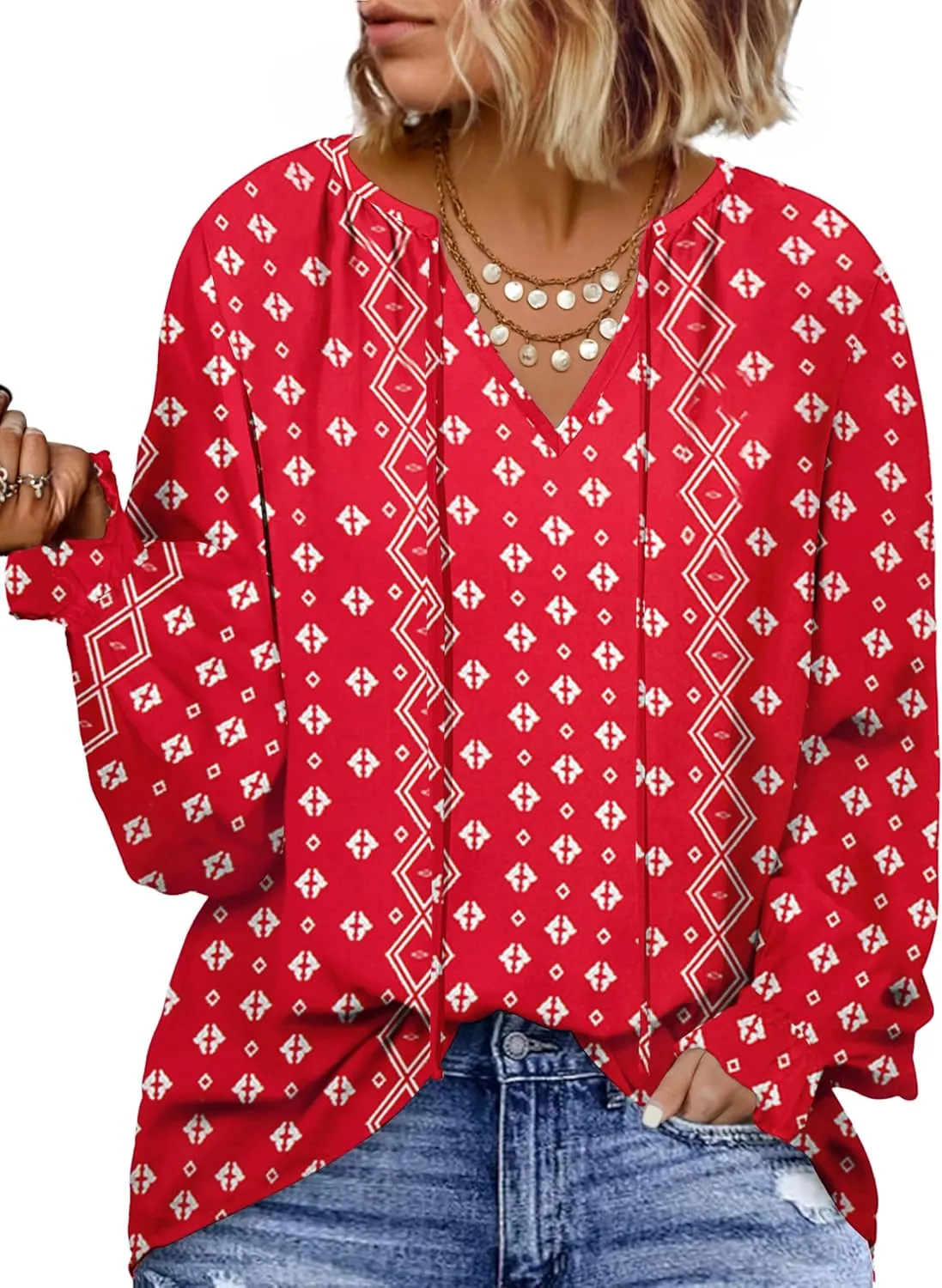 Eytino Plus Size Tops for Women Boho Floral Print V Neck Long Sleeve Drawstring Chiffon Blouses Shirts(1X-5X)