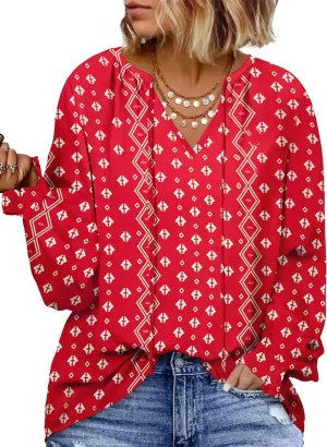 Eytino Plus Size Tops for Women Boho Floral Print V Neck Long Sleeve Drawstring Chiffon Blouses Shirts(1X-5X)