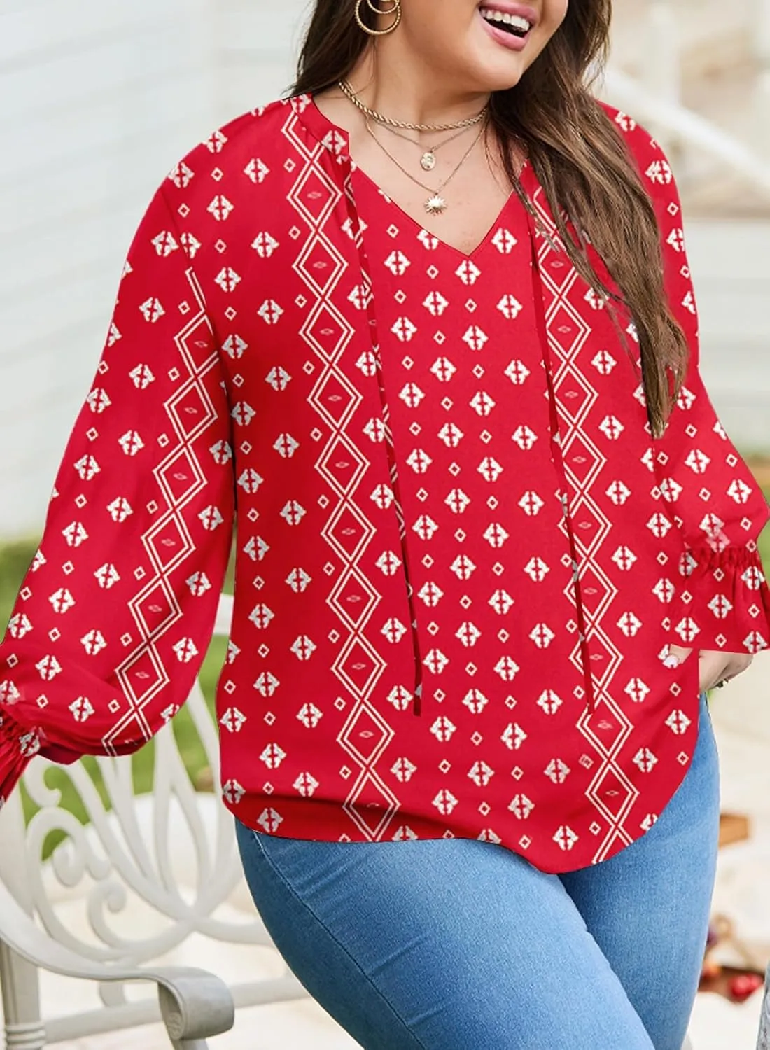 Eytino Plus Size Tops for Women Boho Floral Print V Neck Long Sleeve Drawstring Chiffon Blouses Shirts(1X-5X)