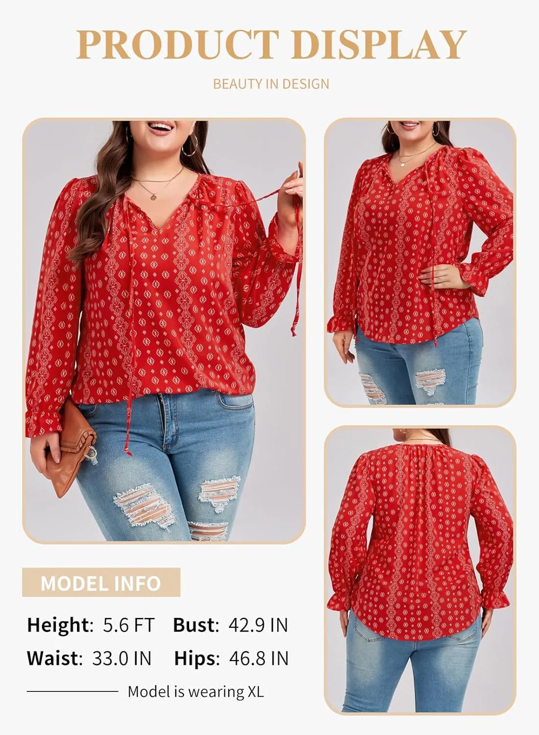 Eytino Plus Size Tops for Women Boho Floral Print V Neck Long Sleeve Drawstring Chiffon Blouses Shirts(1X-5X)