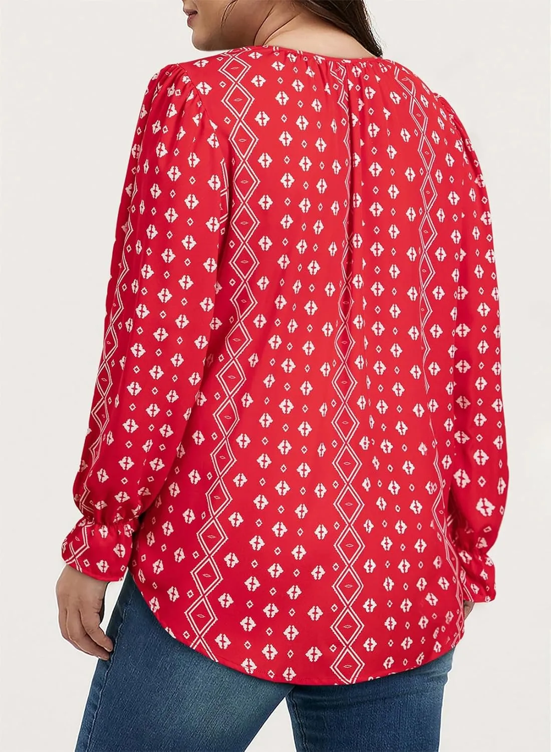 Eytino Plus Size Tops for Women Boho Floral Print V Neck Long Sleeve Drawstring Chiffon Blouses Shirts(1X-5X)