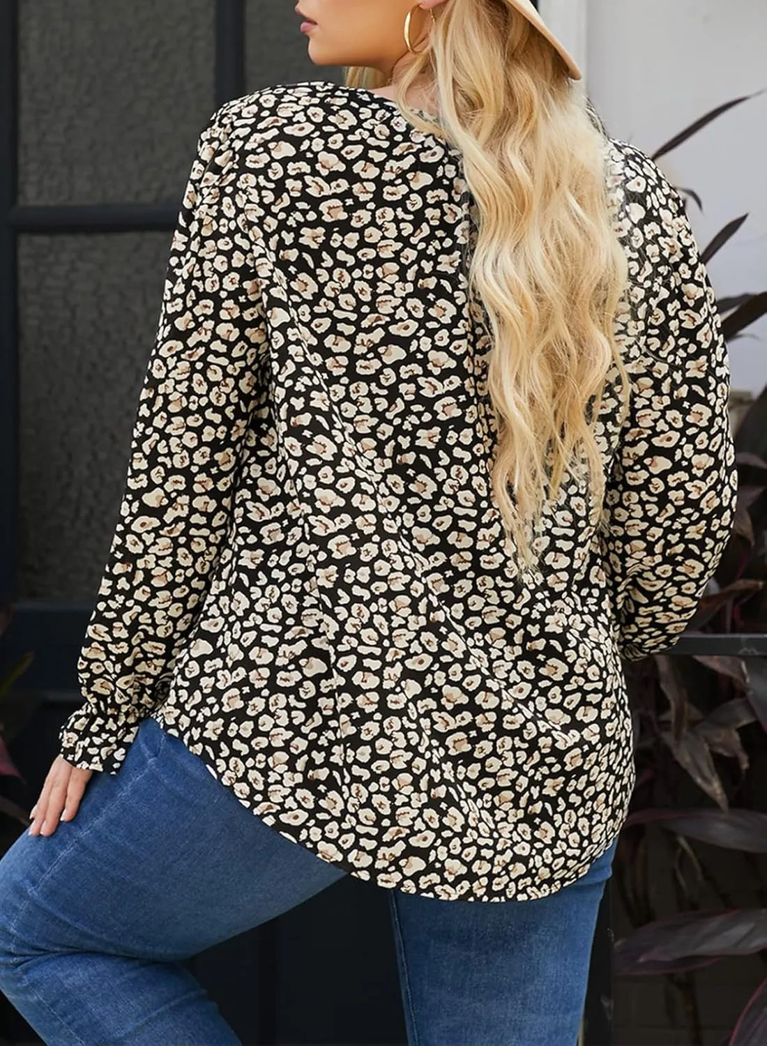 Eytino Plus Size Tops for Women Boho Floral Print V Neck Long Sleeve Drawstring Chiffon Blouses Shirts(1X-5X)