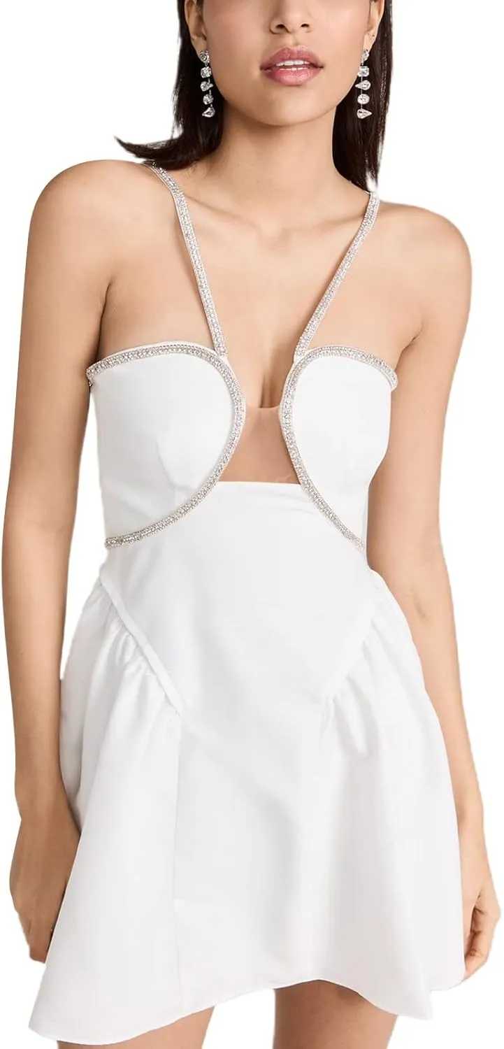 Faretumiya Women Spaghetti Strap Going Out Mini Dress Y2k Low Cut A-Line Ruffle Hem Short Sleeaveless Backless Cocktail Dress